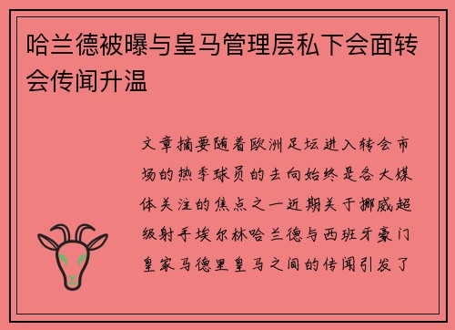 哈兰德被曝与皇马管理层私下会面转会传闻升温